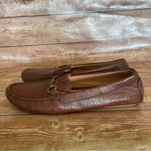 JOHNSTON AND MURPHY Brown Leather Maggie Bit Croc Embossed Driving Loafers 9M - Picture 4 of 9